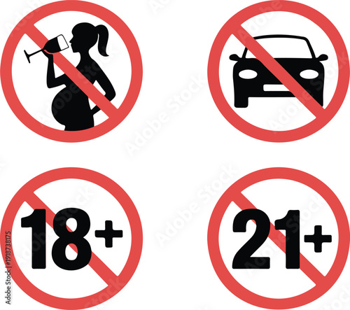 No drinking pregnant woman car driving age limits 18 21 restriction signs prohibition symbols