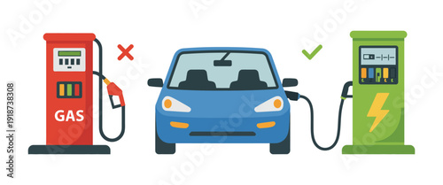 Electric Car Charger and Gas Pump, green energy and eco-friendly transport concept, vector illustration of sustainable fueling stations
