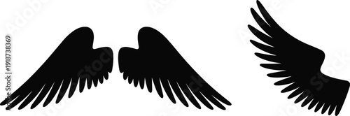Angel wings silhouette set, black feathered wing pair and single spread wing vector illustration isolated on white background