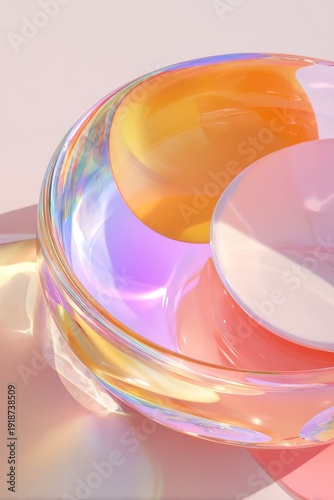 Vibrant iridescent glass sculpture with colorful reflections