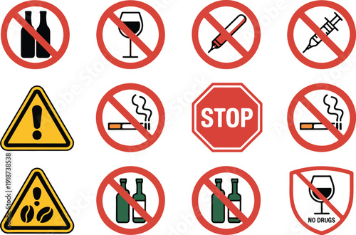 Set of prohibition and warning signs, stop sign, no smoking, no alcohol