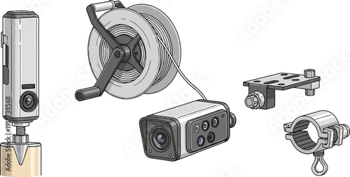 Action camera accessories, including a compact camera, a winding reel, and various mounting clips, are depicted as detailed technical illustrations on a clean white background.