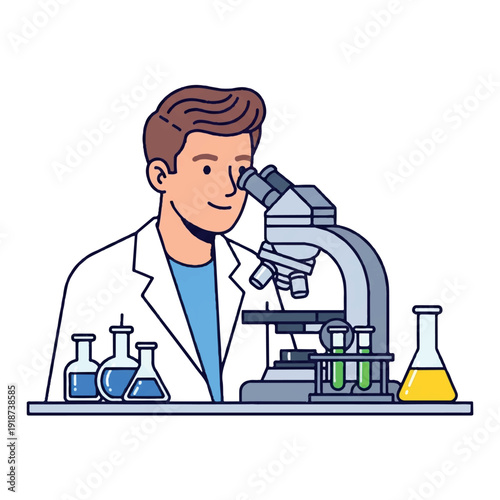A smiling male scientist in a white lab coat looking through a microscope surrounded by beakers on a laboratory counter with a clean white background.