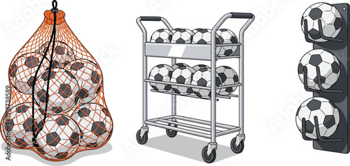 A collection of equipment for soccer practice includes a mesh bag full of balls, a two-tiered metal utility cart holding soccer balls, and a wall-mounted holder displaying three balls.