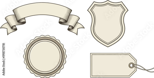 A collection of blank vintage labels, ribbons, shields, and tags offers versatile design elements for branding purposes.