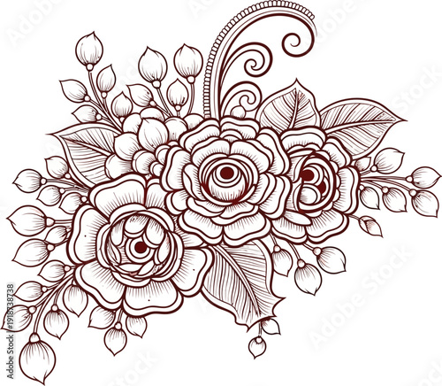 Intricate, stylized line art drawing depicts a cluster of blooming roses surrounded by delicate buds and swirling decorative foliage elements.