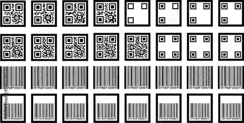 Various arrangements of QR codes and linear barcodes are displayed in a systematic grid pattern for data encoding reference.