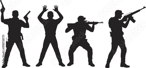 Armed soldier and suspect silhouettes set, police arrest scene, tactical military action, security forces with weapons, law enforcement illustration collection