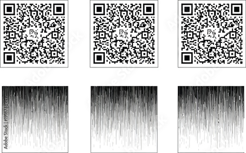 Three identical QR codes are displayed above three corresponding panels featuring descending black and white vertical line patterns.