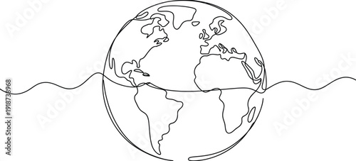 Earth Globe Continuous Line Drawing, minimalist one line vector illustration, world map art, global concept