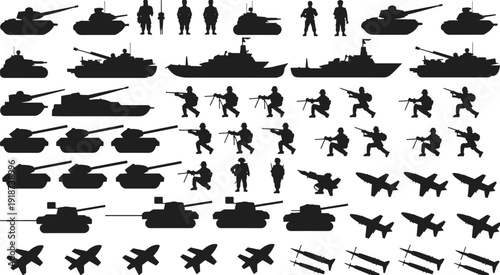 Army military silhouettes set, soldiers tanks warships fighter jets missiles isolated on white background, defense vector illustration collection