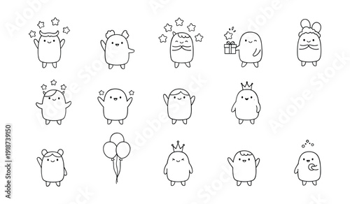 Twelve  Cartoon  White  Ghost  Characters with  Various  Emotions and  Accessories in  Black  Line