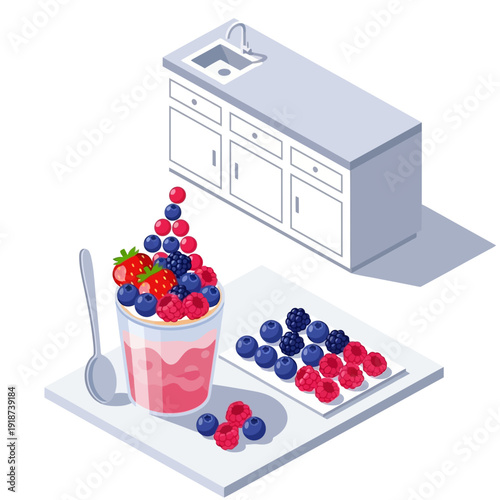 Fresh Fruit Parfait with Berries and Yogurt on Kitchen Counter.