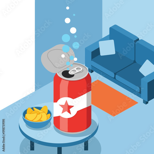 A cartoon can of beer on a coffee table with snacks and a sofa in the background.