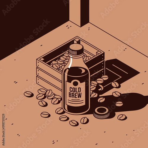 Cold brew coffee bottle and coffee beans on the floor.