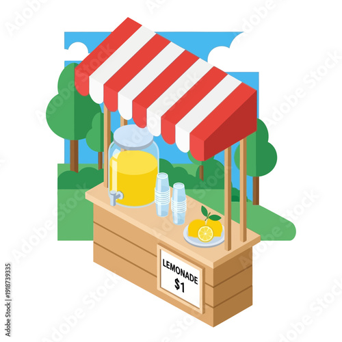Lemonade stand with red and white striped awning outdoors.
