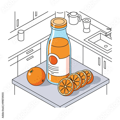 Orange juice bottle and sliced oranges on kitchen table.