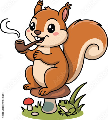A cartoon squirrel sitting on a mushroom smoking a pipe with a frog nearby