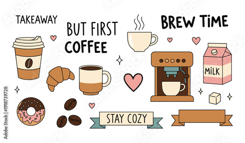 Flat  Cartoon  Coffee  Brewing  Essentials  With  Takeaway  Cup  Croissant  Donut  Milk  And  Beans