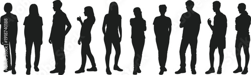 WebSilhouettes of diverse casual people standing in row, group identity, posture variation, teamwork, diversity, lifestyle concept, human figures illustration