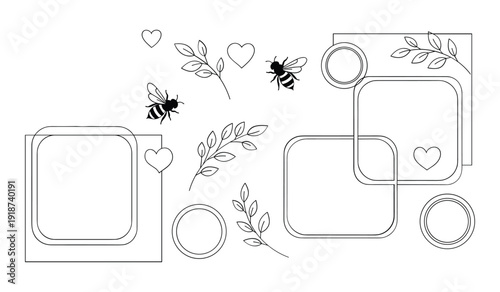 Line Art Bee Hive Frames With Flying Bees And Hearts On Sprigs