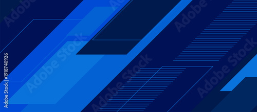 Abstract blue geometric background with overlapping rectangles and diagonal shapes.