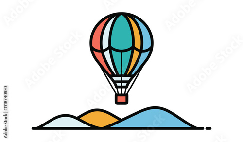 Colorful  Hot  Air  Balloon  Floating  Over  Rolling  Green and  Yellow  Hills  Landscape