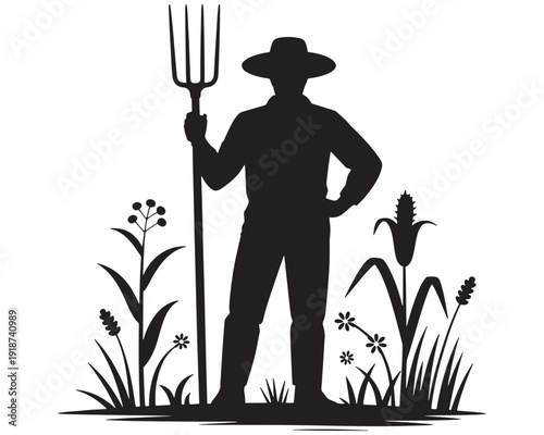 Farmer holding pitchfork standing among various crops and plants in agricultural field illustration