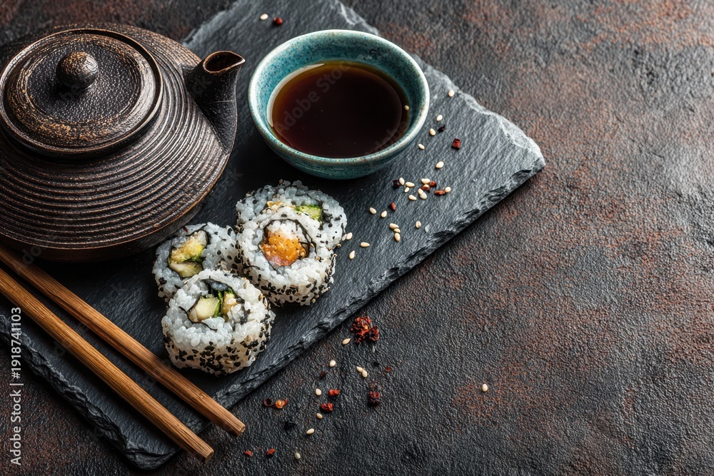 Fototapeta premium Tea Set With Pastries On Rustic Surface