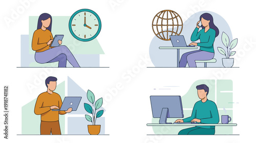 Illustrations of diverse people working remotely with digital devices