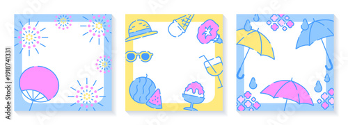 夏と梅雨のモチーフを集めたフレーム背景3点セット　花火とうちわのポップなイラスト