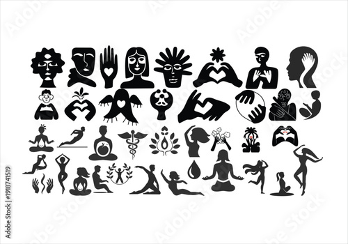Diverse Silhouette Icons: Yoga Health Love & Wellness Symbols