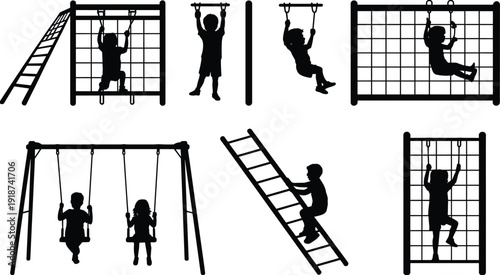 Children playground silhouette set, kids climbing ladder, hanging bars and swings, outdoor play activity collection, black vector illustration isolated design