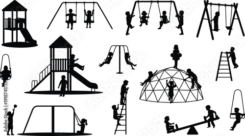 Children playground silhouette set, kids playing on swings, slide, climbing dome and seesaw, park activity black vector illustration isolated