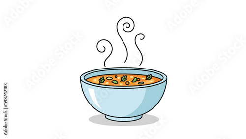 Hot steaming bowl of vegetable soup with beans and green herbs served in a light blue ceramic bowl for a healthy and nutritious meal on white.