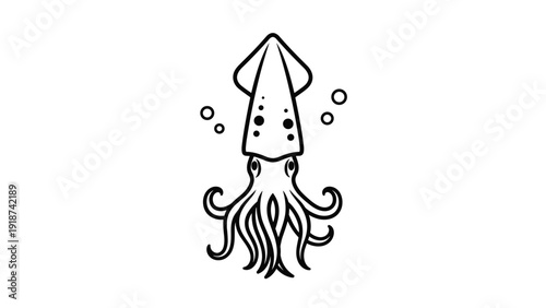 Detailed black and white line art illustration of a squid with its tentacles and fins swimming upwards among small bubbles on a white base.