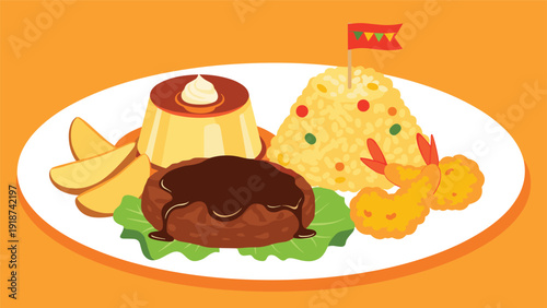 Colorful kids meal plate featuring a beef hamburger, fried rice with a flag, custard pudding, fried shrimp, and potato wedges on orange.