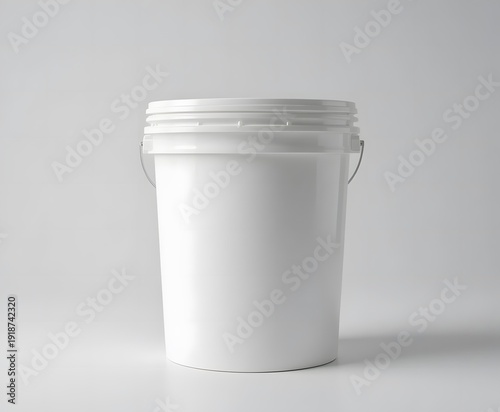 A plain white plastic bucket with a handle and lid on a neutral background. 5 gallon pail
