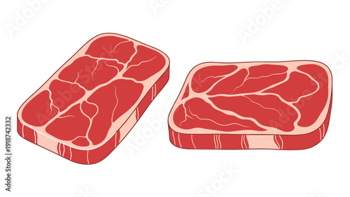 Two thick rectangular slices of raw red meat with white fatty marbling are positioned side by side in an illustration.