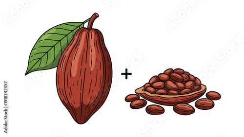 Whole reddish-brown cacao pod with a green leaf is shown next to a pile of loose roasted cacao beans on a white background.