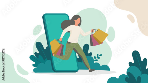 Mobile shopping app concept with a woman carrying purchase bags