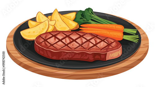 Large grilled steak served on a black plate with wedge potatoes, broccoli florets, and whole carrots for dinner.