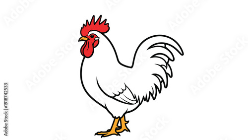 Detailed illustration of a white rooster with a vibrant red comb and wattle standing proudly against a solid white background.