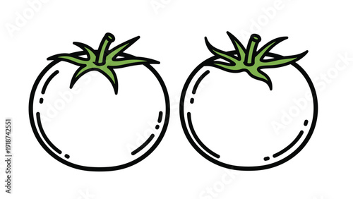 Simple line art illustration of two whole white tomatoes with green stems positioned side by side on a clean white background.