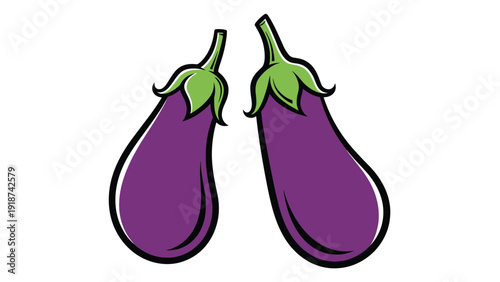 Two whole purple eggplants with green caps depicted in a simple and bold hand-drawn illustration style suitable for culinary designs.