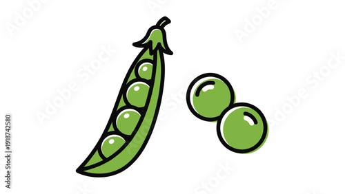 Green pea pod opened to reveal four round peas inside with two additional peas placed separately on a clean white background.