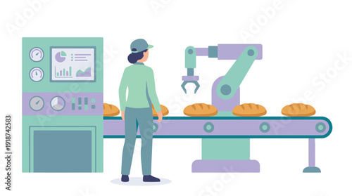 Female worker supervises automated bread production line in a factory