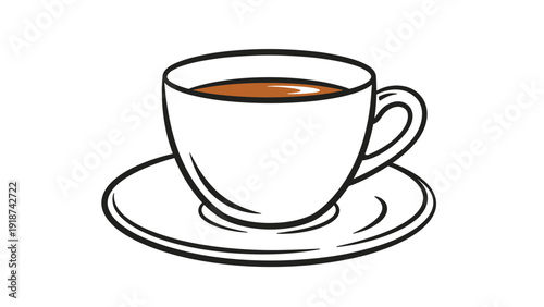 Simple line drawing of a white ceramic coffee cup filled with dark liquid resting on a matching saucer for a morning beverage concept.