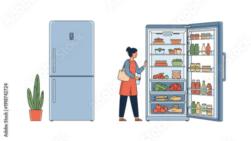 Woman character organizing a variety of fresh food items and jars inside an open blue refrigerator next to a similar closed unit and a plant.
