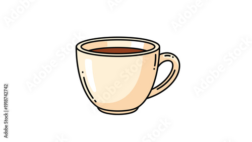 Detailed drawing of a simple cream-colored ceramic cup filled with hot black coffee, featuring subtle reflections and highlights on white.